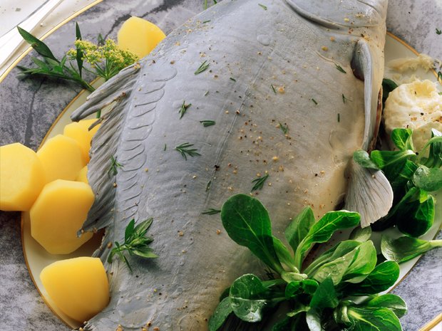 Weihnachtskarpfen in "blauer Soße" mit Kartoffeln